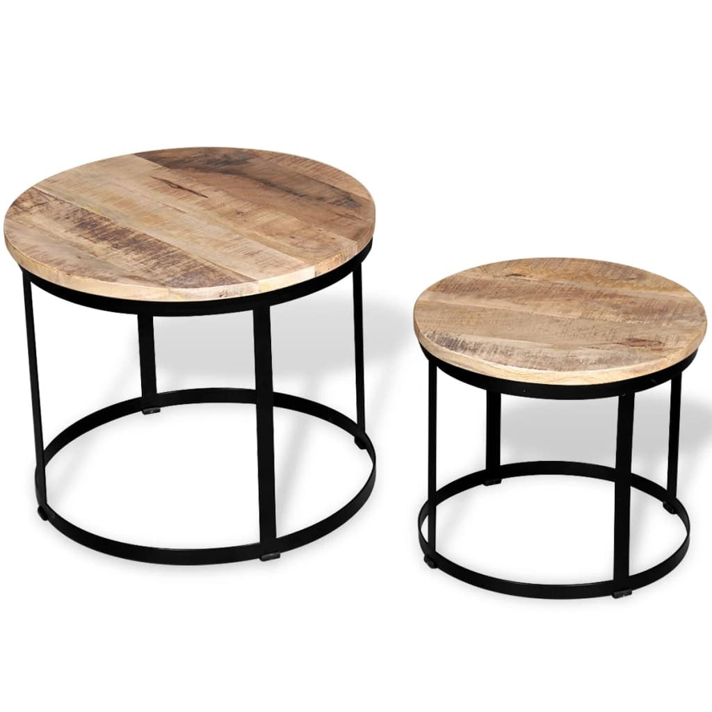 Two Piece Coffee Table Set Rough Mango Wood Round 15.7"/19.7
