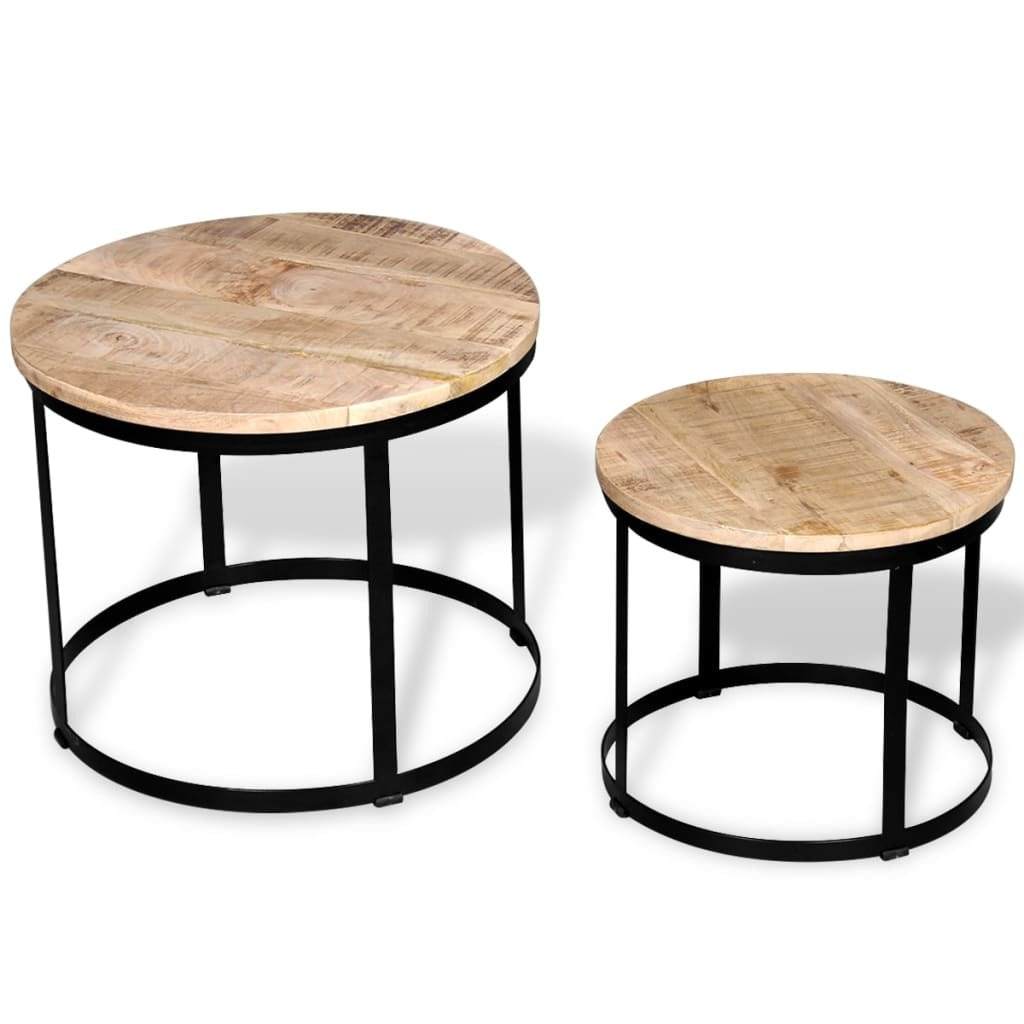 Two Piece Coffee Table Set Rough Mango Wood Round 15.7"/19.7