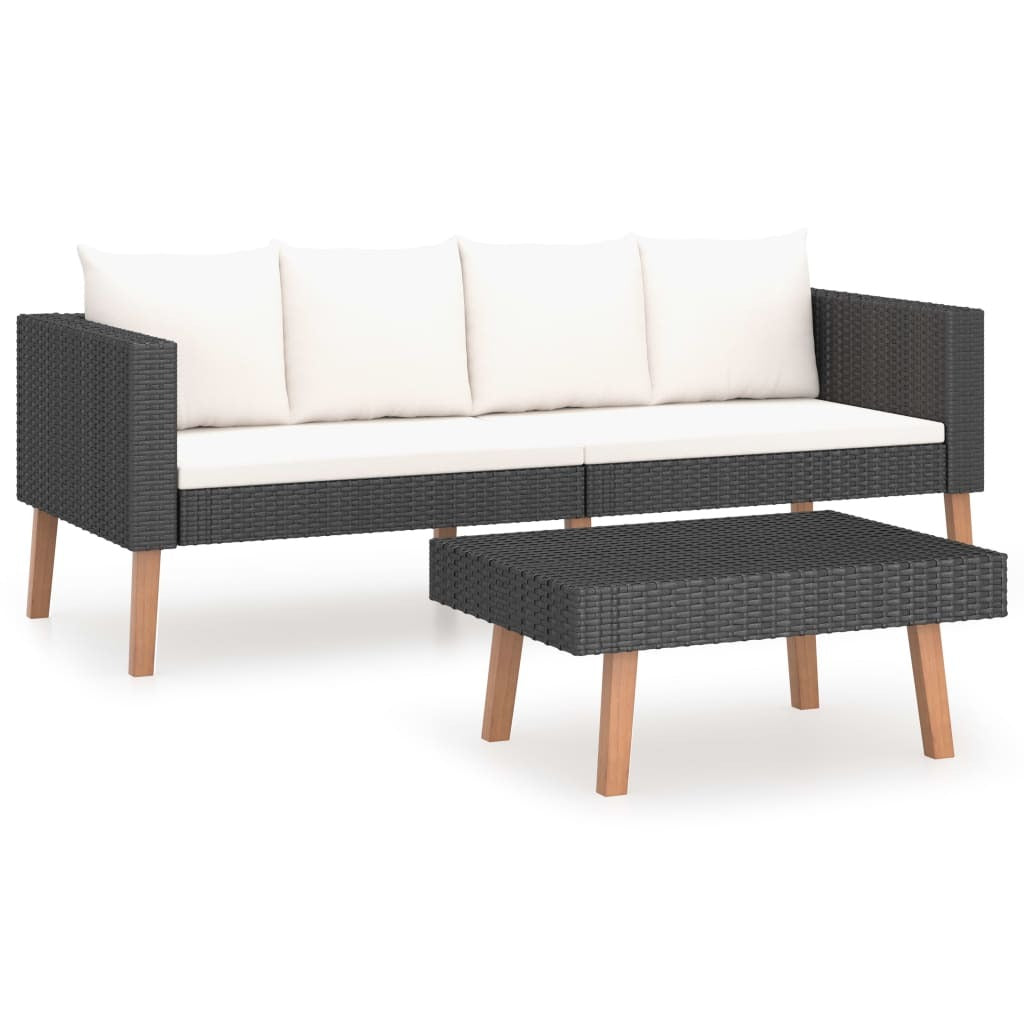 2 Piece Patio Lounge Set with Cushions Poly Rattan Black