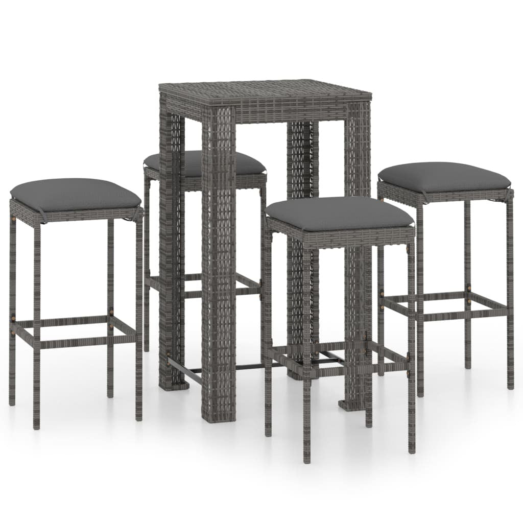 5 Piece Patio Bar Set with Cushions Poly Rattan Gray