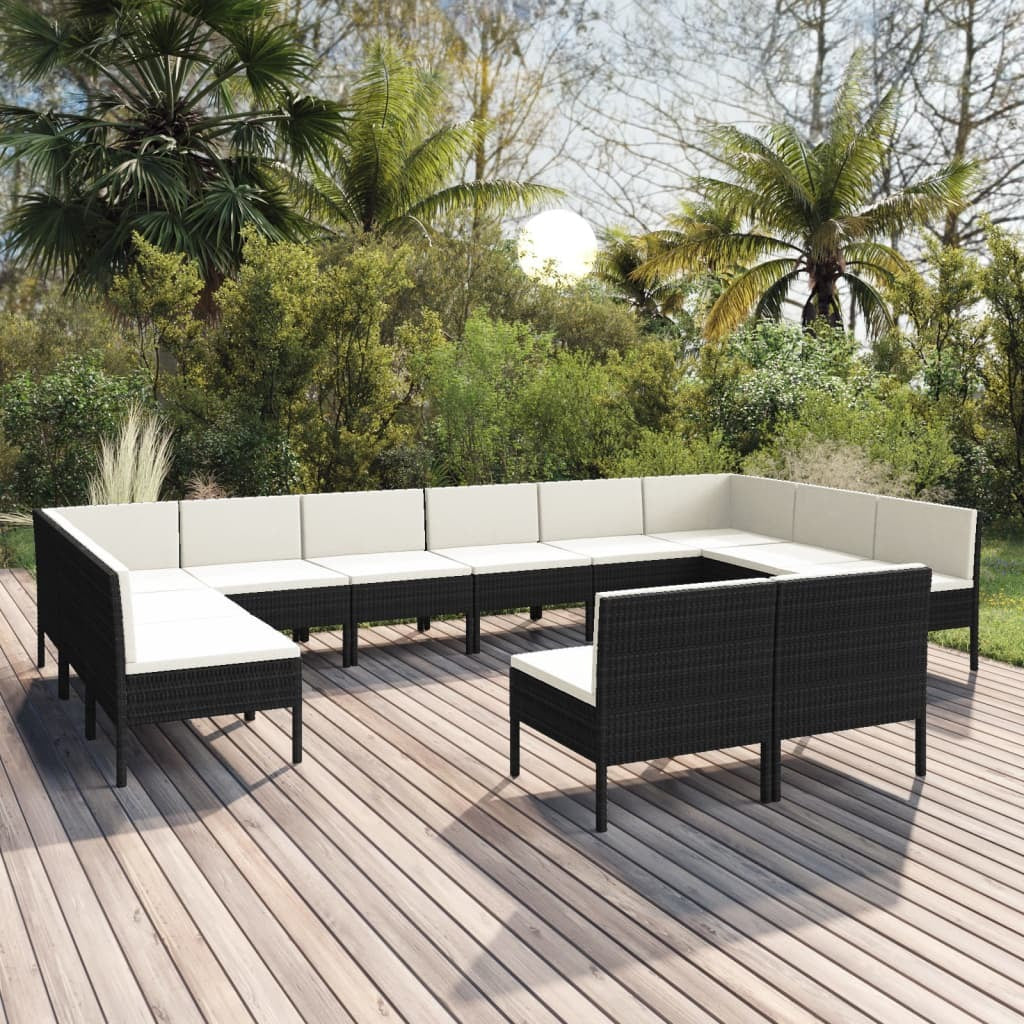 12 Piece Patio Lounge Set with Cushions Poly Rattan Black