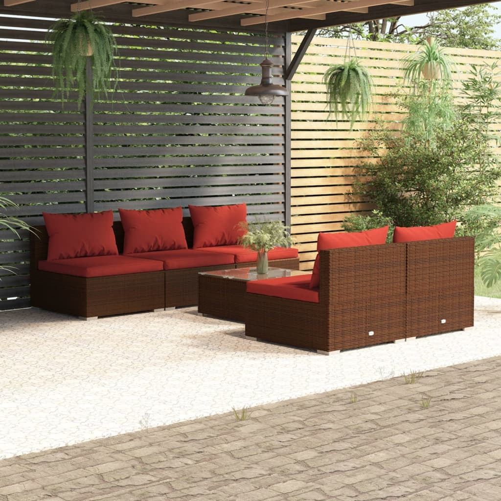 6 Piece Patio Lounge Set with Cushions Poly Rattan Brown