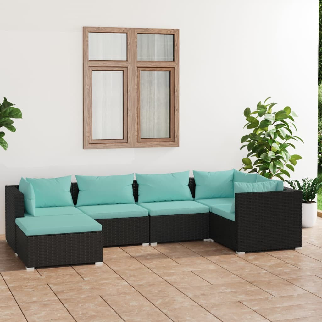 6 Piece Patio Lounge Set with Cushions Poly Rattan Black