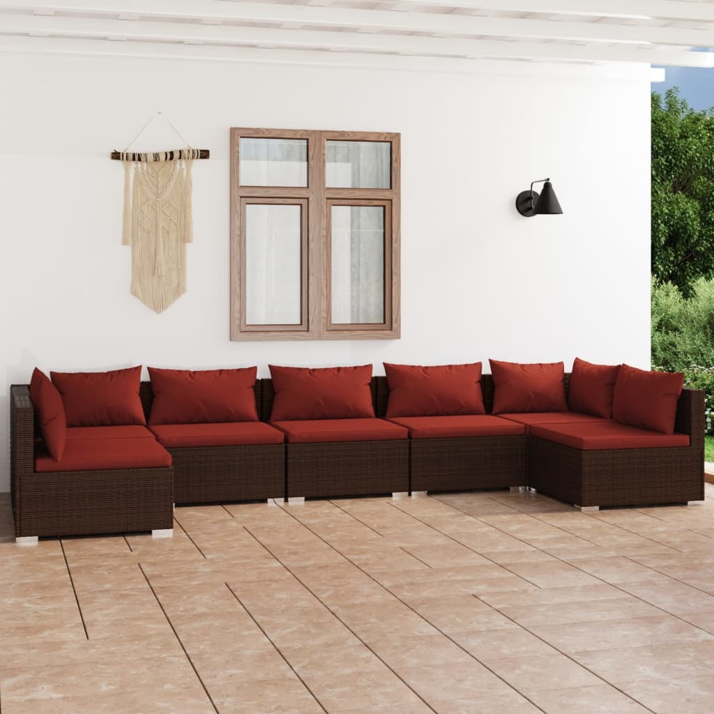 7 Piece Patio Lounge Set with Cushions Poly Rattan Brown