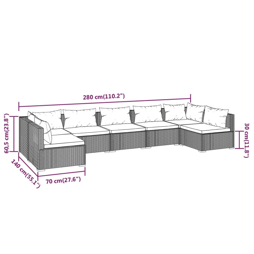 7 Piece Patio Lounge Set with Cushions Poly Rattan Brown