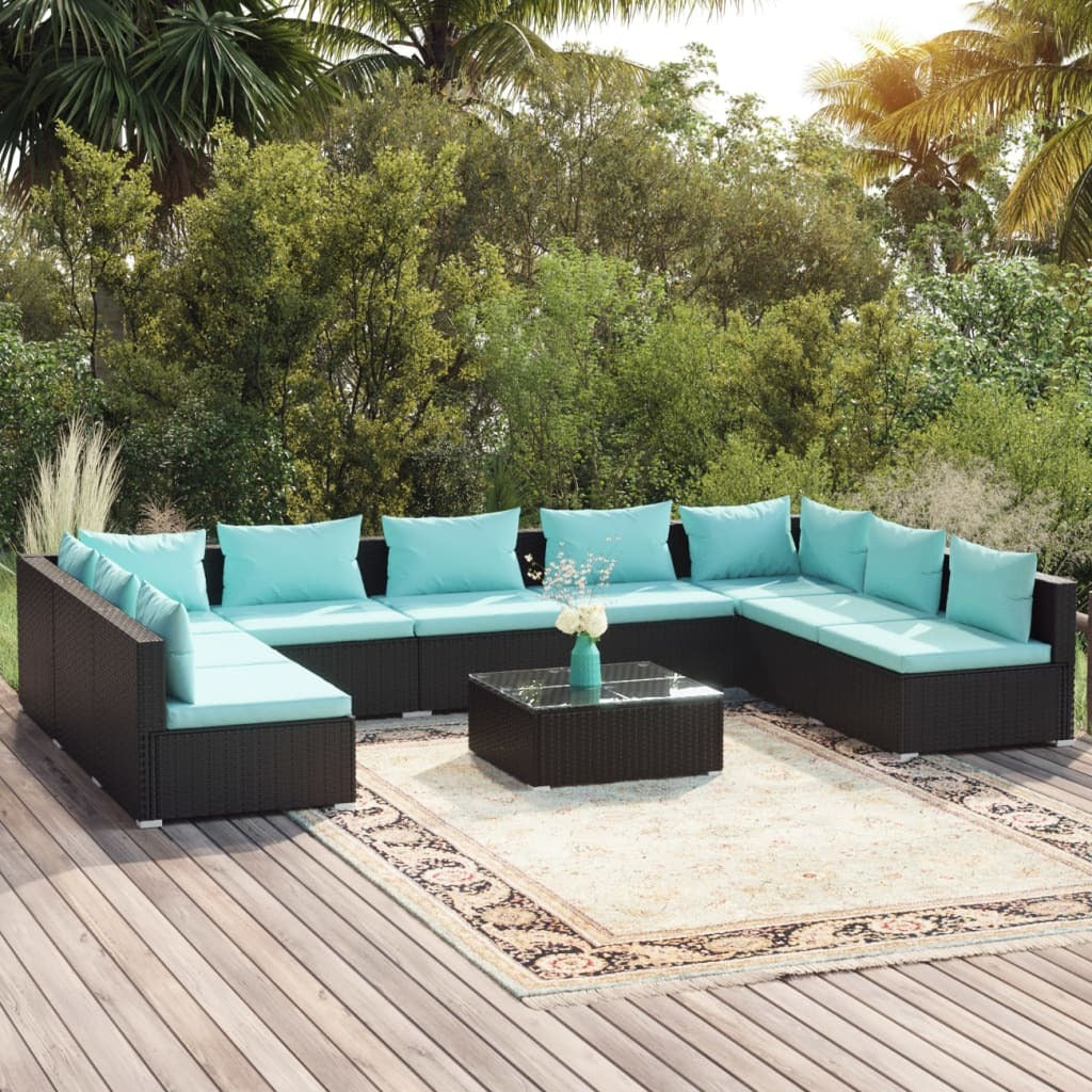 10 Piece Patio Lounge Set with Cushions Poly Rattan Black