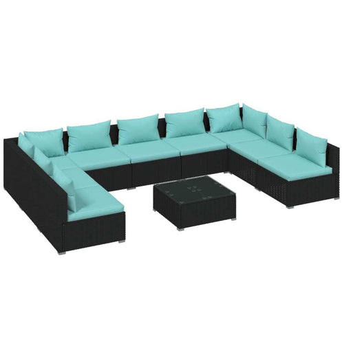 10 Piece Patio Lounge Set with Cushions Poly Rattan Black