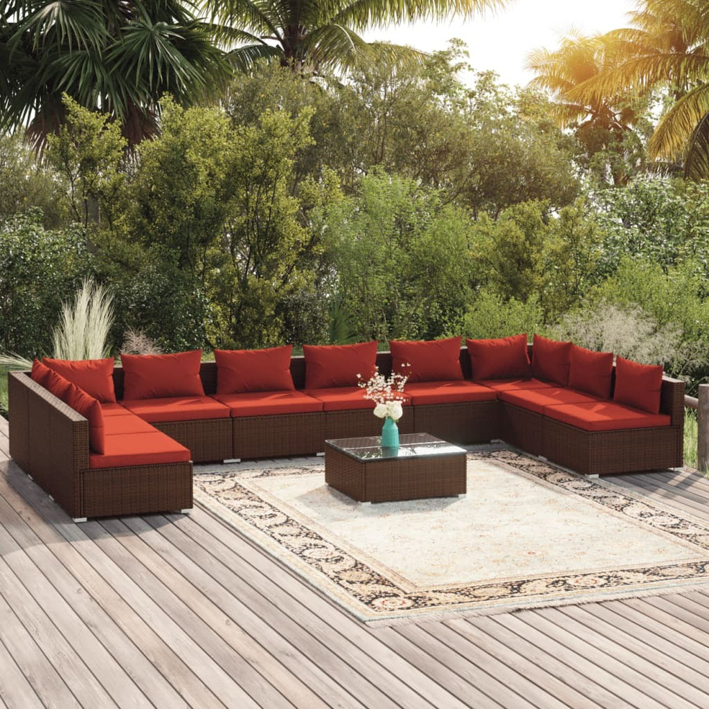 11 Piece Patio Lounge Set with Cushions Poly Rattan Brown