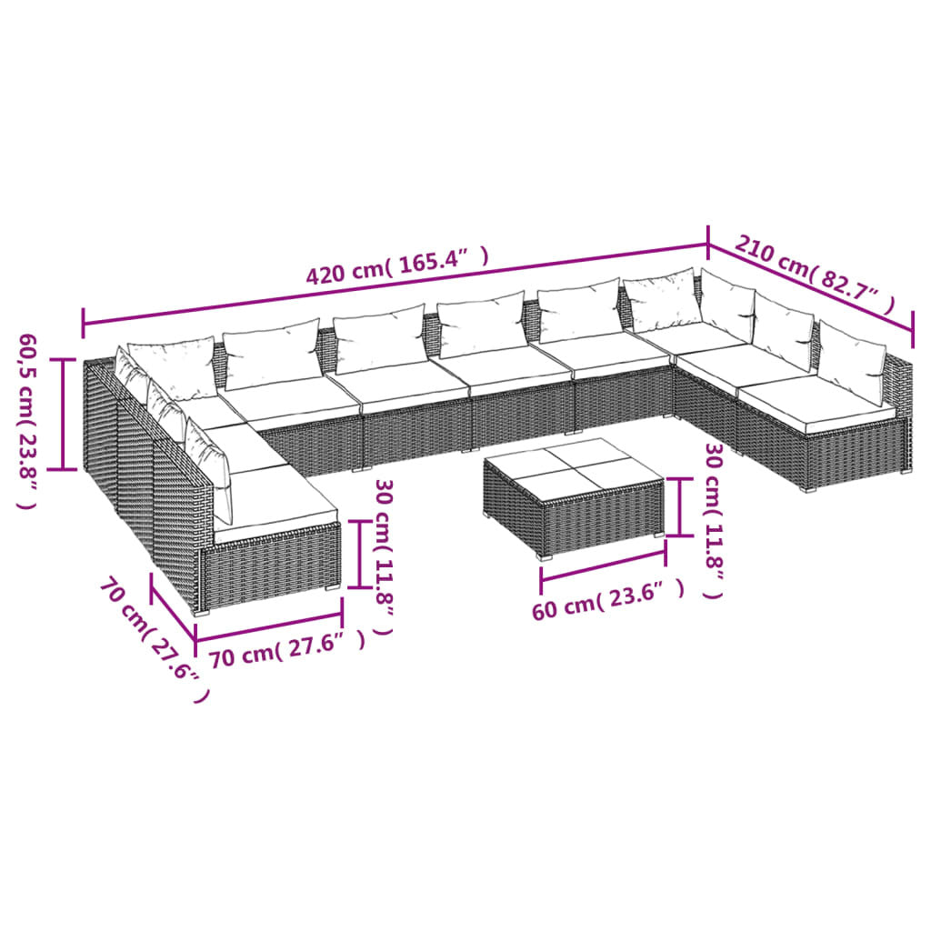 11 Piece Patio Lounge Set with Cushions Poly Rattan Brown