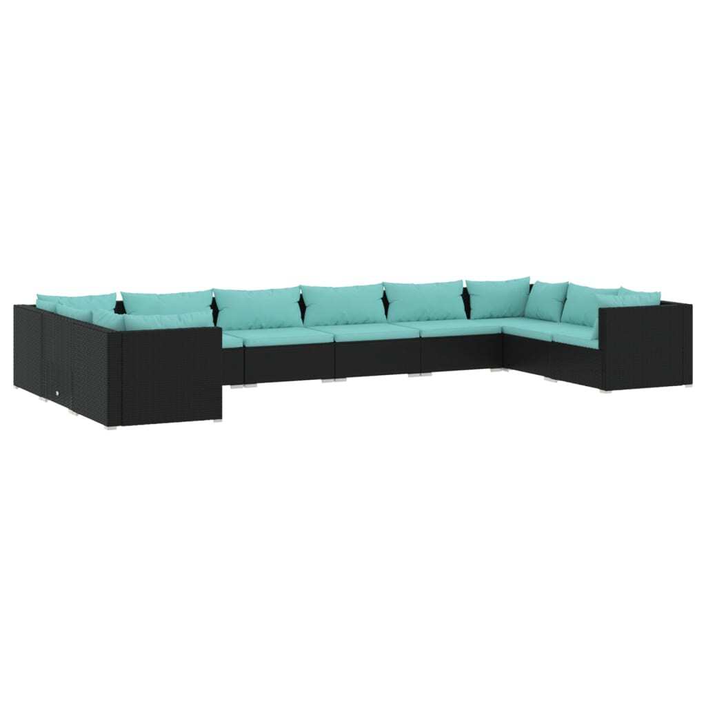 10 Piece Patio Lounge Set with Cushions Poly Rattan Black