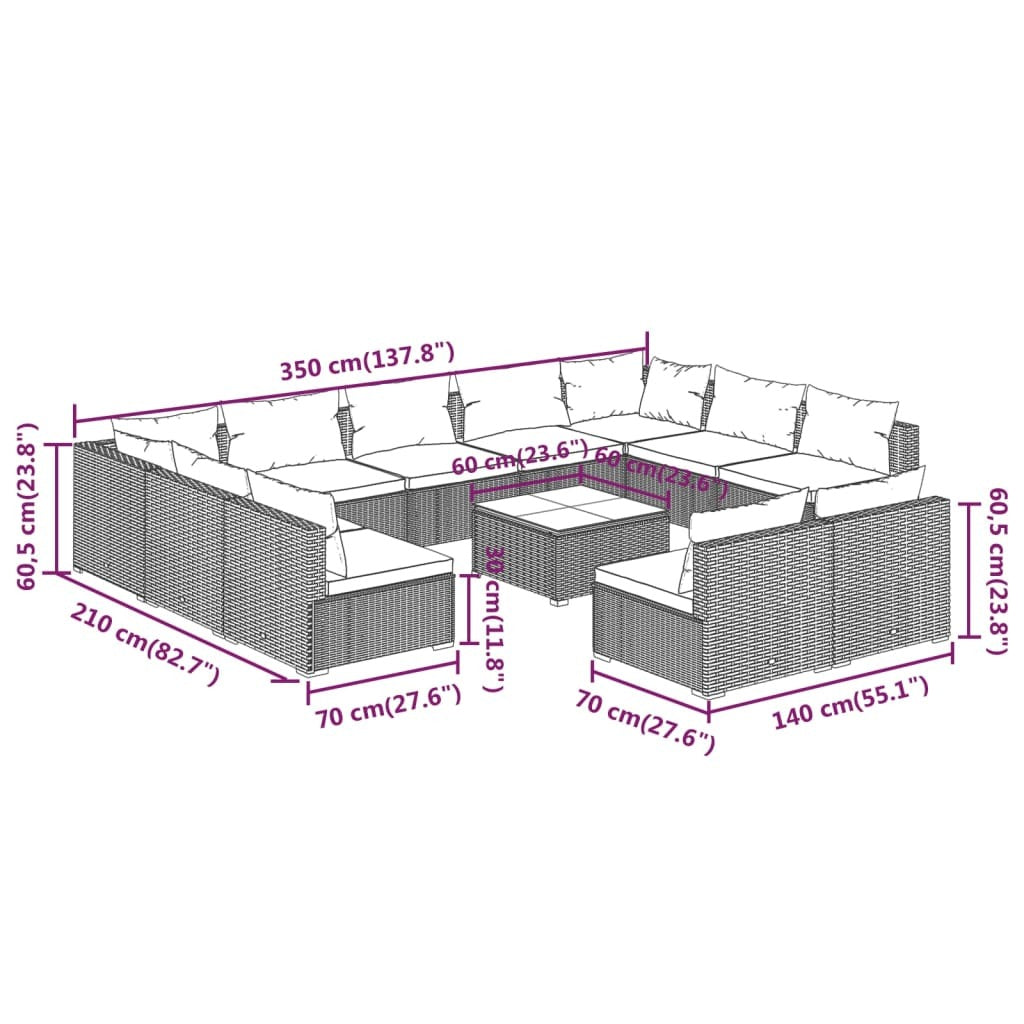 12 Piece Patio Lounge Set with Cushions Brown Poly Rattan