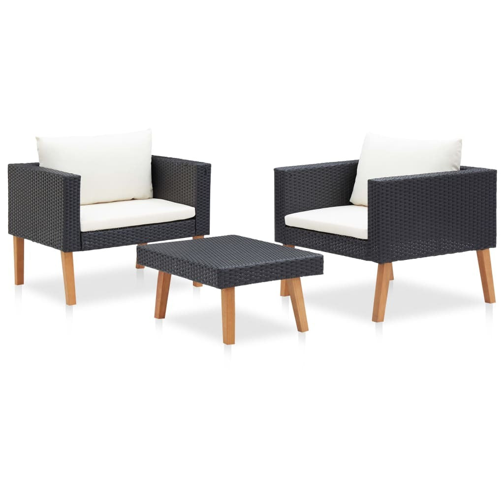 3 Piece Patio Lounge Set with Cushions Poly Rattan Black