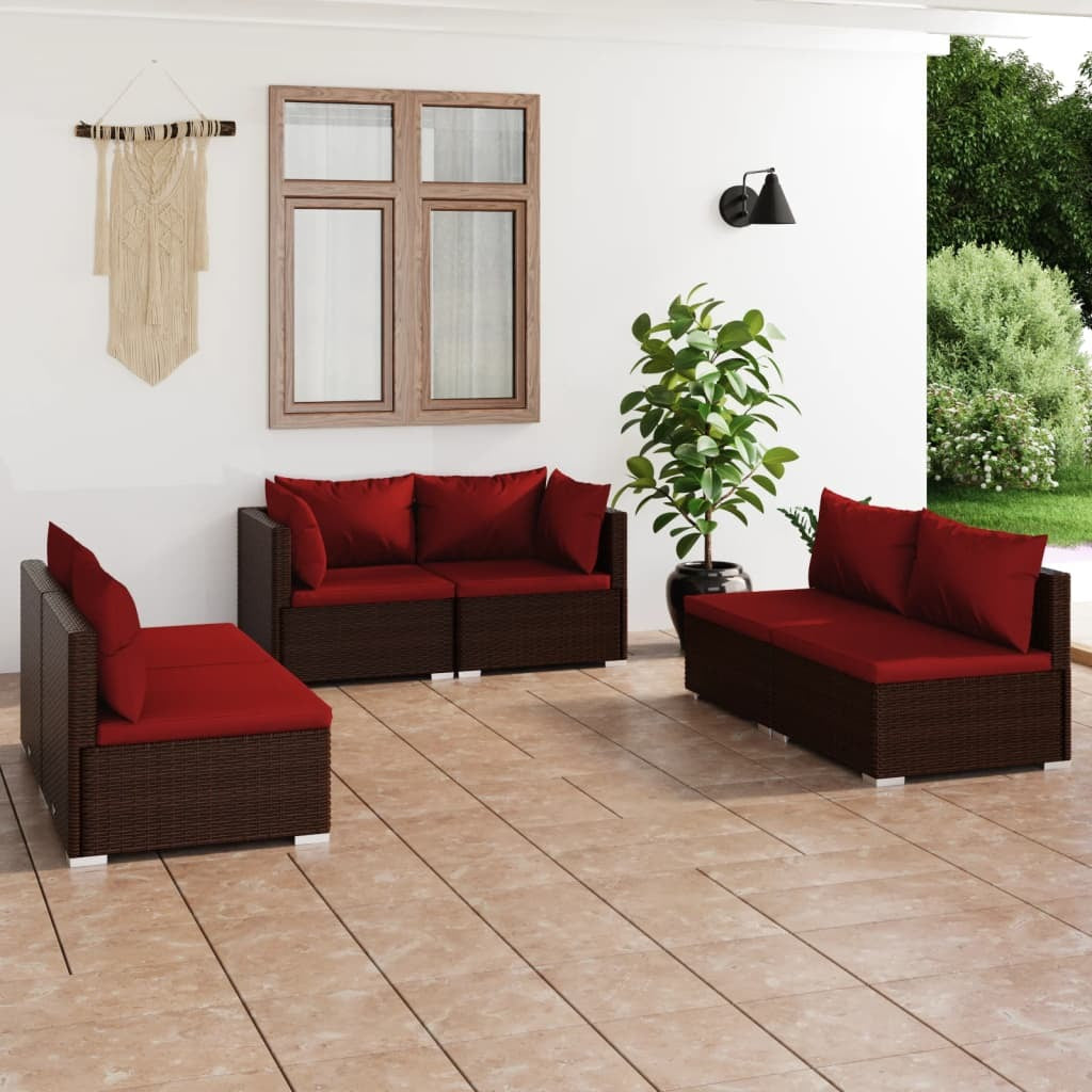 6 Piece Patio Lounge Set with Cushions Poly Rattan Brown