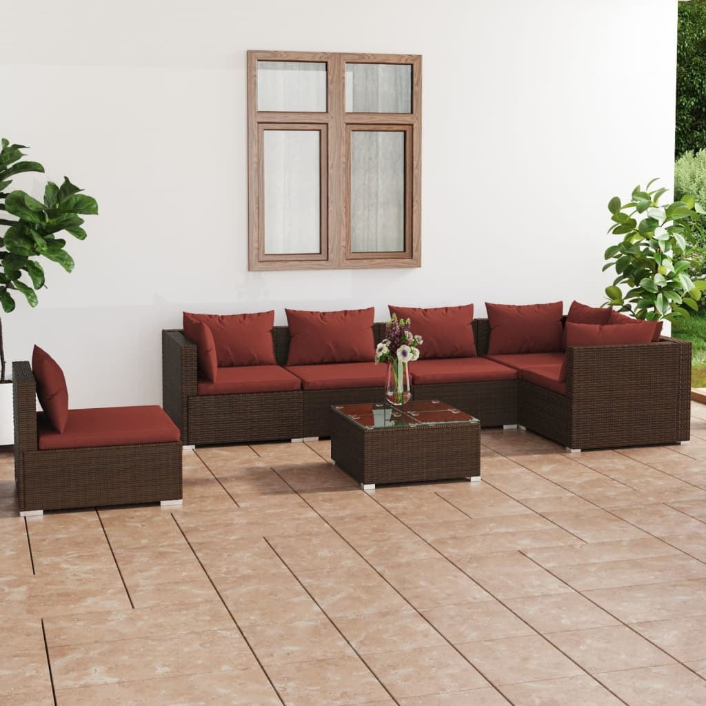 7 Piece Patio Lounge Set with Cushions Poly Rattan Brown