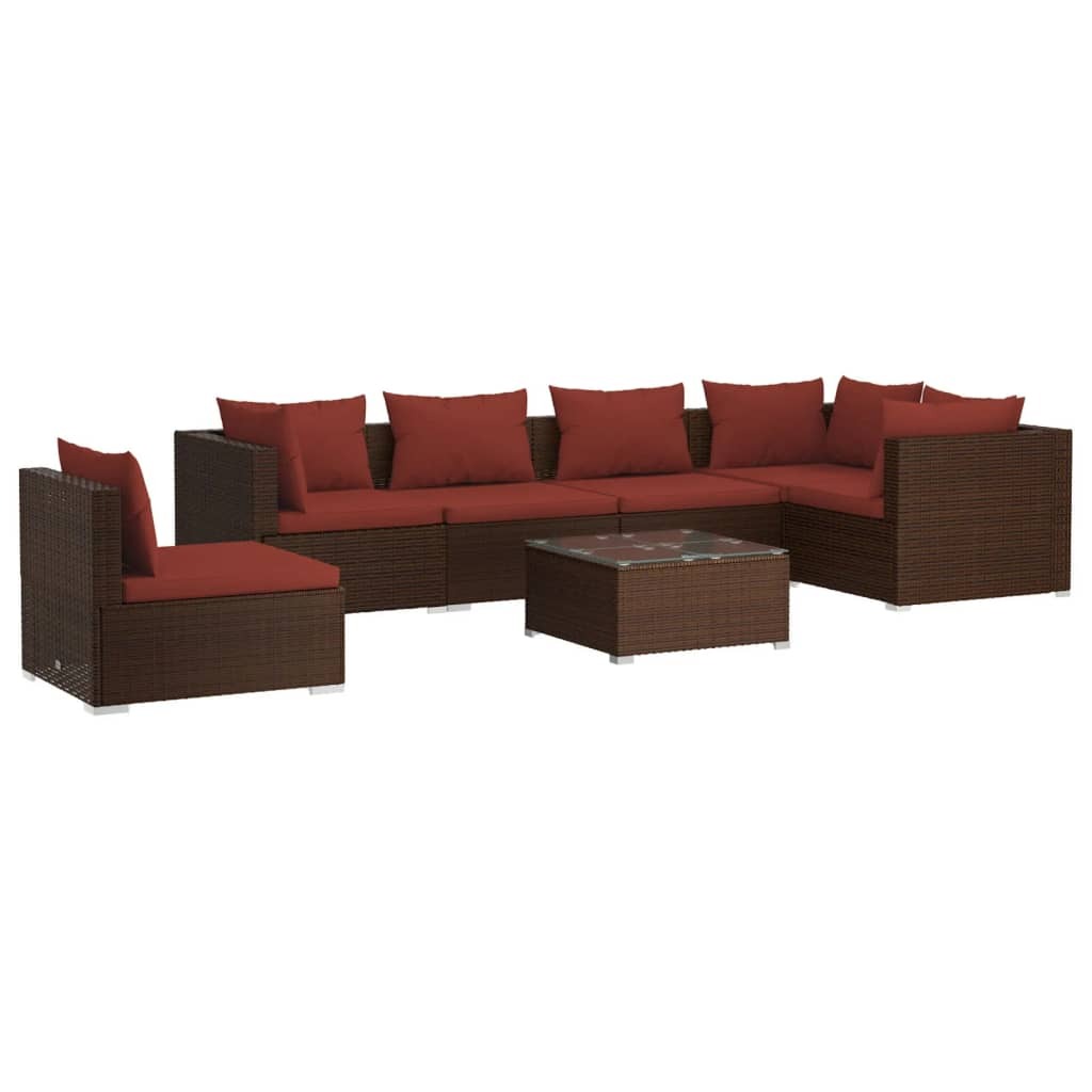 7 Piece Patio Lounge Set with Cushions Poly Rattan Brown