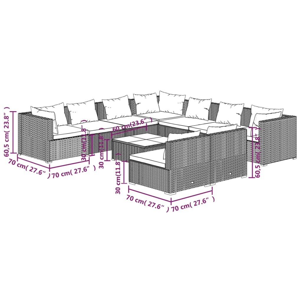 10 Piece Patio Lounge Set with Cushions Brown Poly Rattan