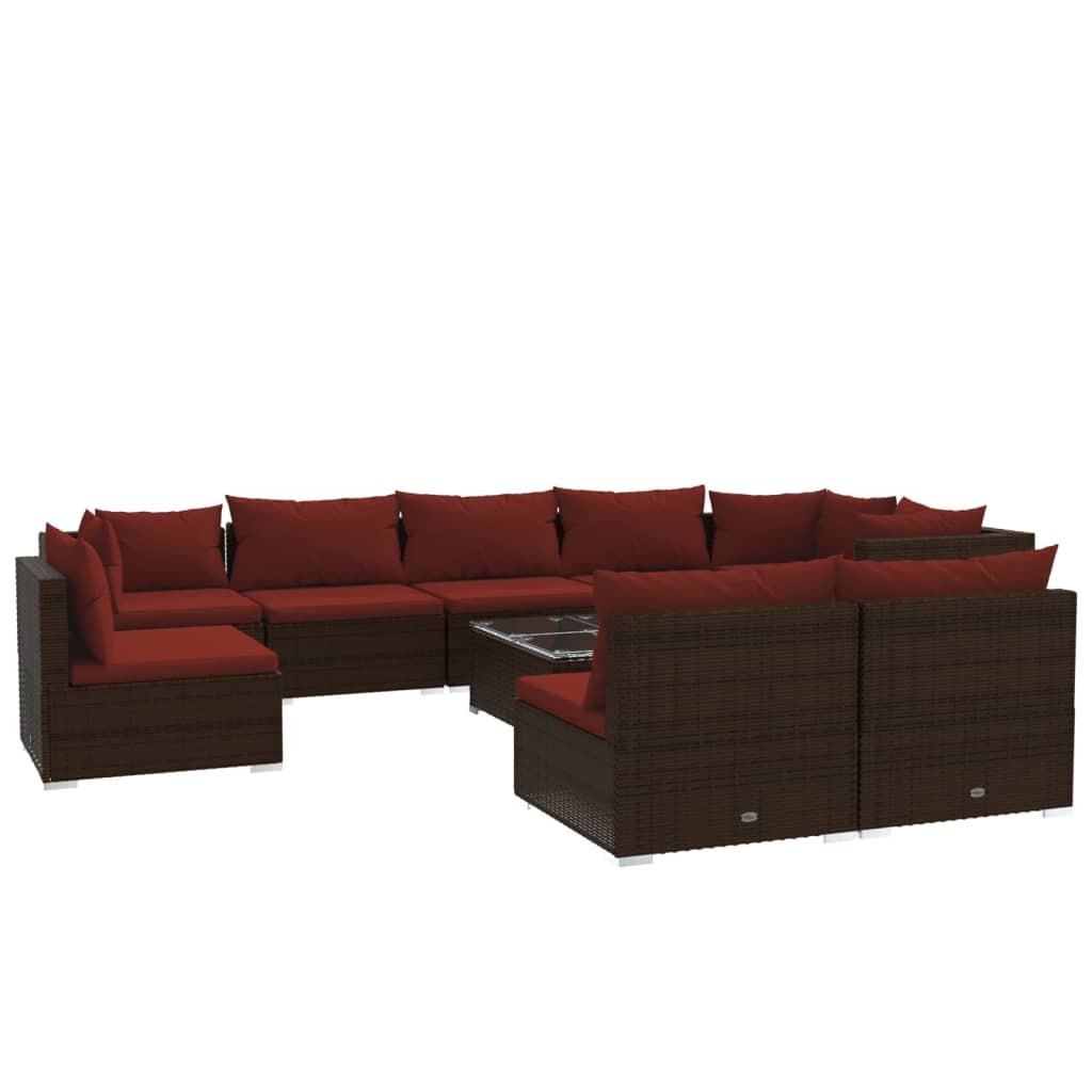 10 Piece Patio Lounge Set with Cushions Poly Rattan Brown