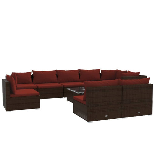 10 Piece Patio Lounge Set with Cushions Poly Rattan Brown