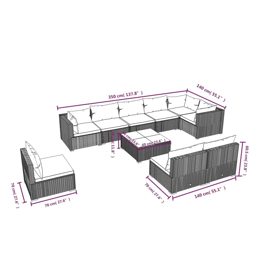 10 Piece Patio Lounge Set with Cushions Poly Rattan Brown