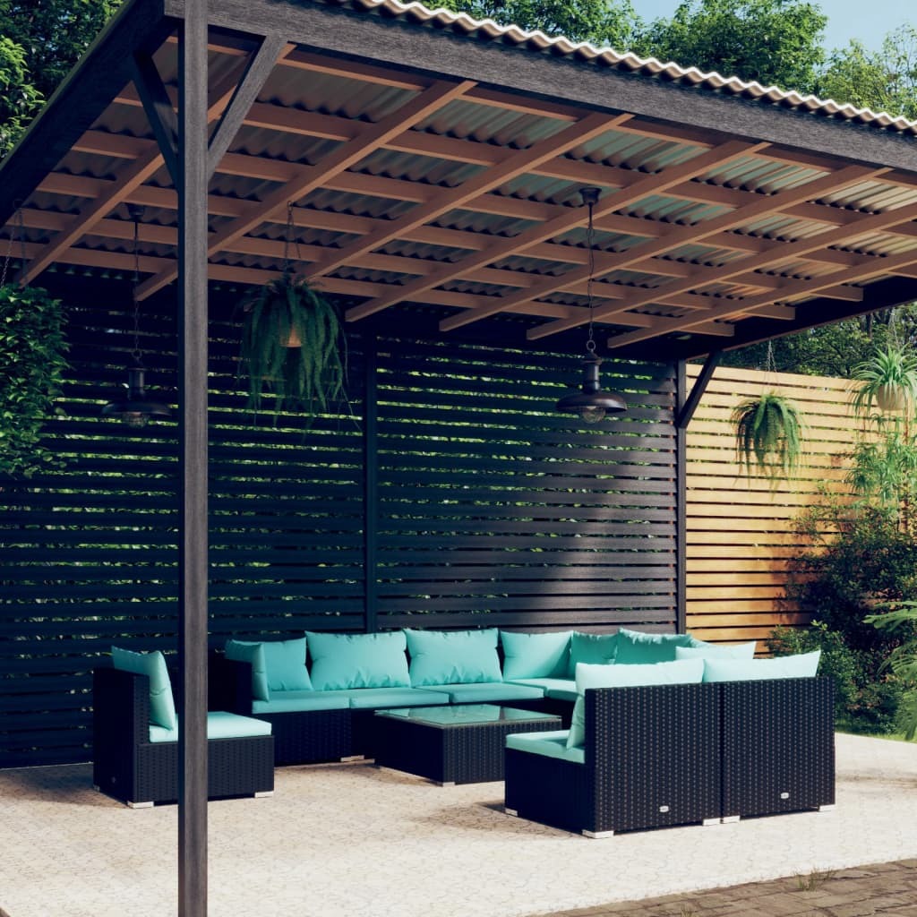 10 Piece Patio Lounge Set with Cushions Poly Rattan Black