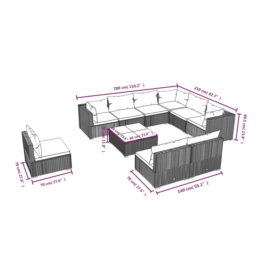 10 Piece Patio Lounge Set with Cushions Poly Rattan Black