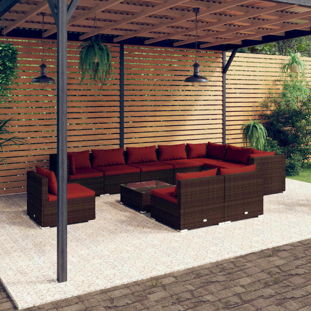 11 Piece Patio Lounge Set with Cushions Poly Rattan Brown