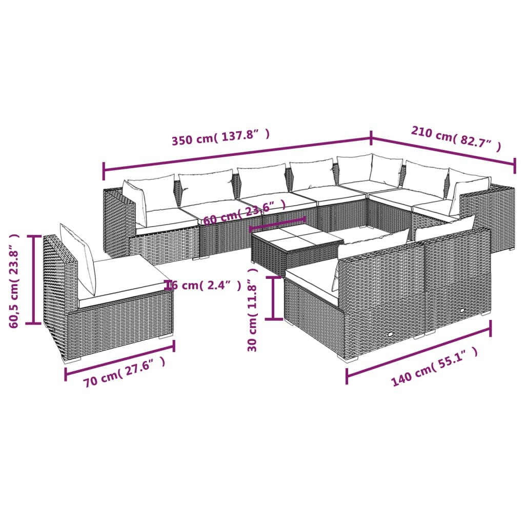 11 Piece Patio Lounge Set with Cushions Poly Rattan Brown