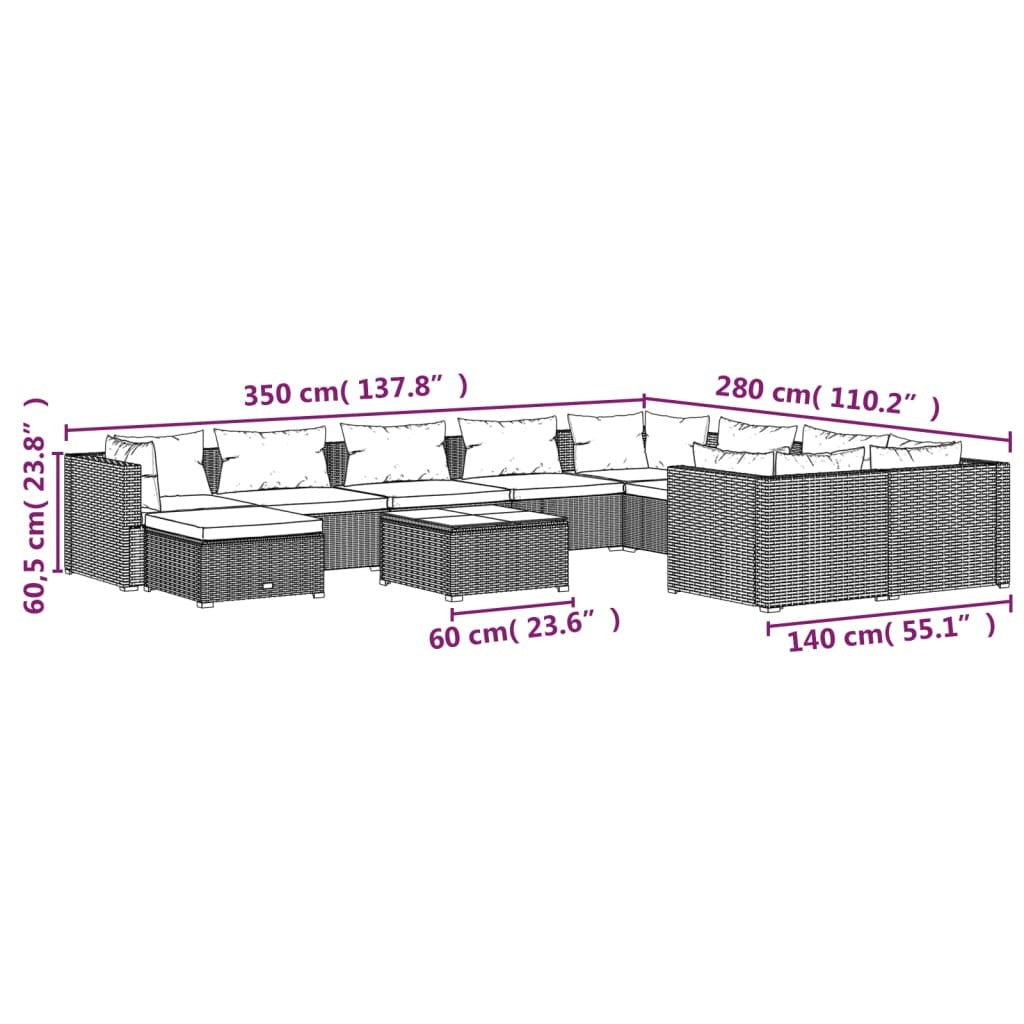 11 Piece Patio Lounge Set with Cushions Poly Rattan Black