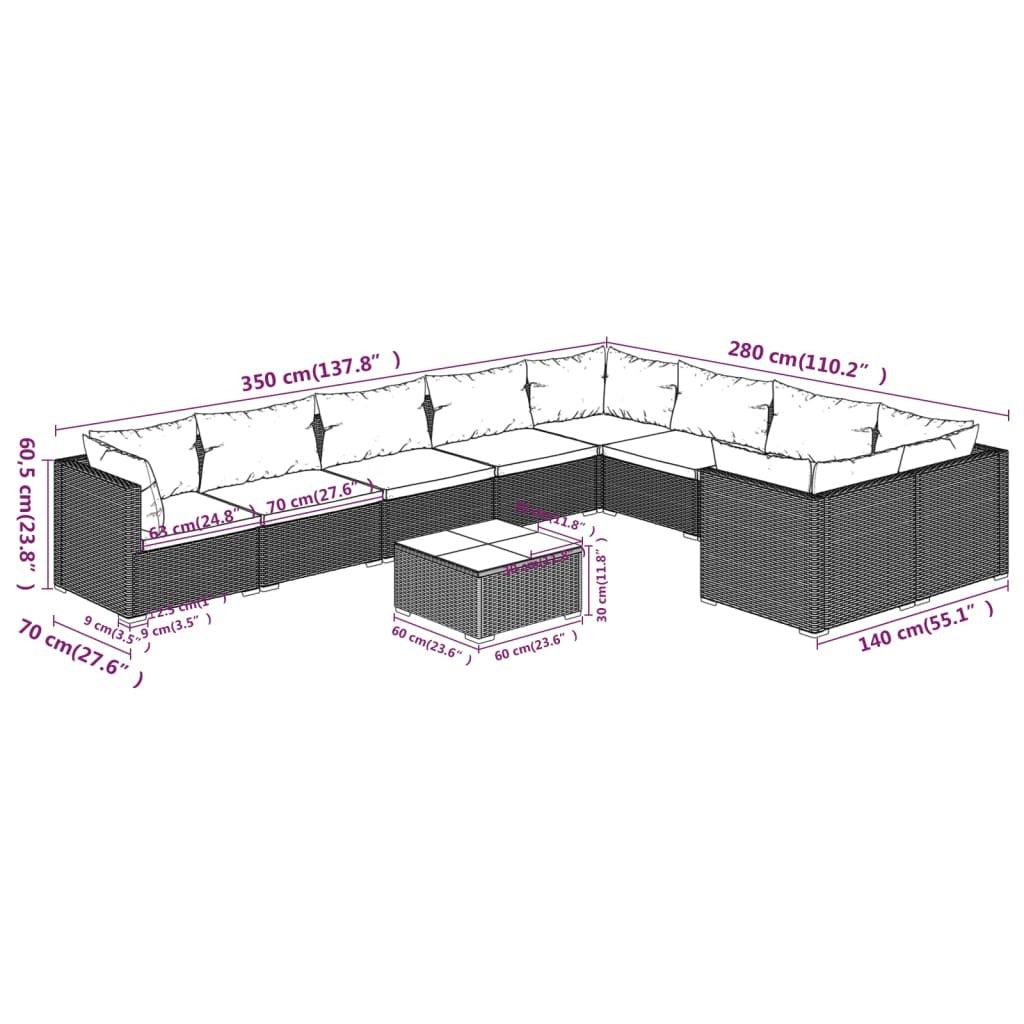10 Piece Patio Lounge Set with Cushions Poly Rattan Gray
