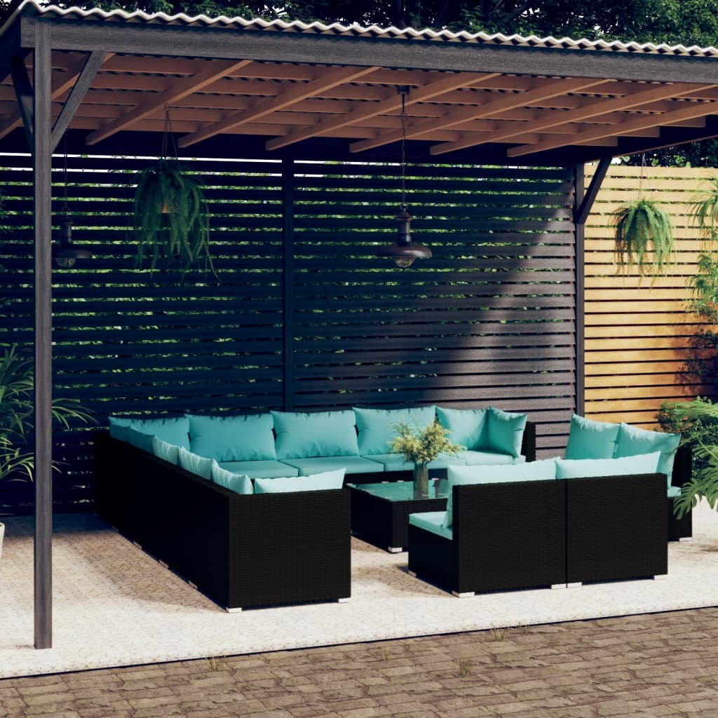 14 Piece Patio Lounge Set with Cushions Black Poly Rattan