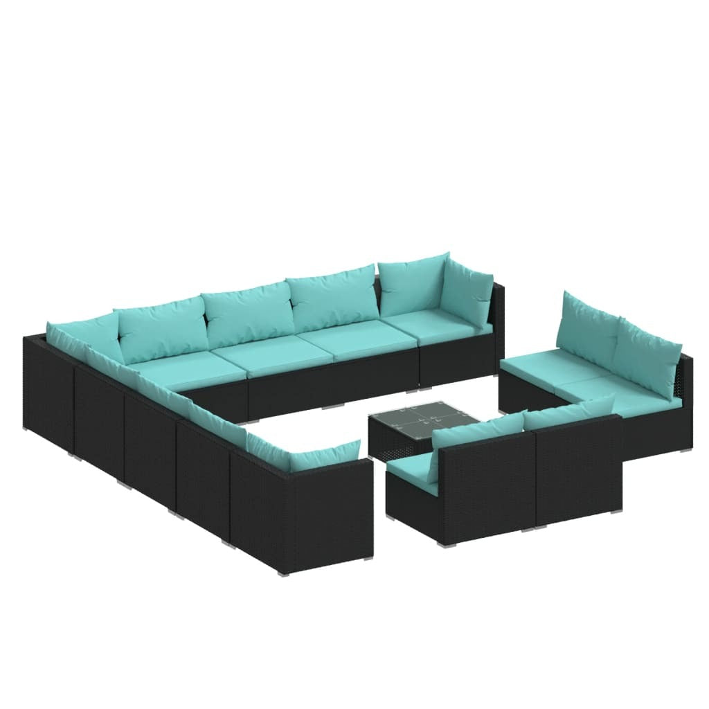 14 Piece Patio Lounge Set with Cushions Black Poly Rattan