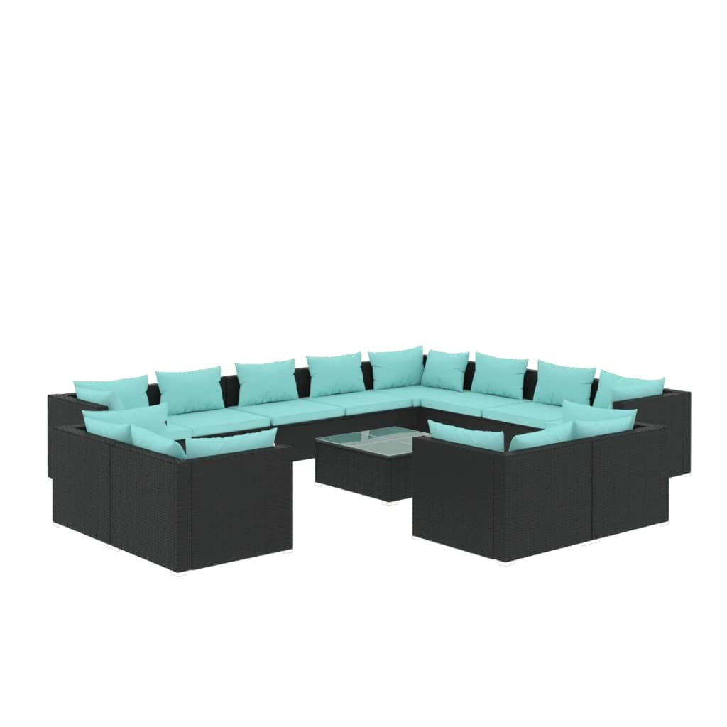 13 Piece Patio Lounge Set with Cushions Black Poly Rattan