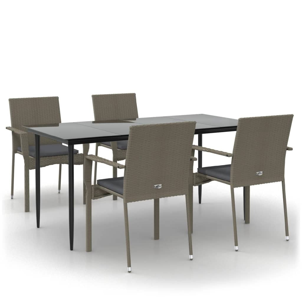 5 Piece Patio Dining Set with Cushions Black and Gray Poly Rattan