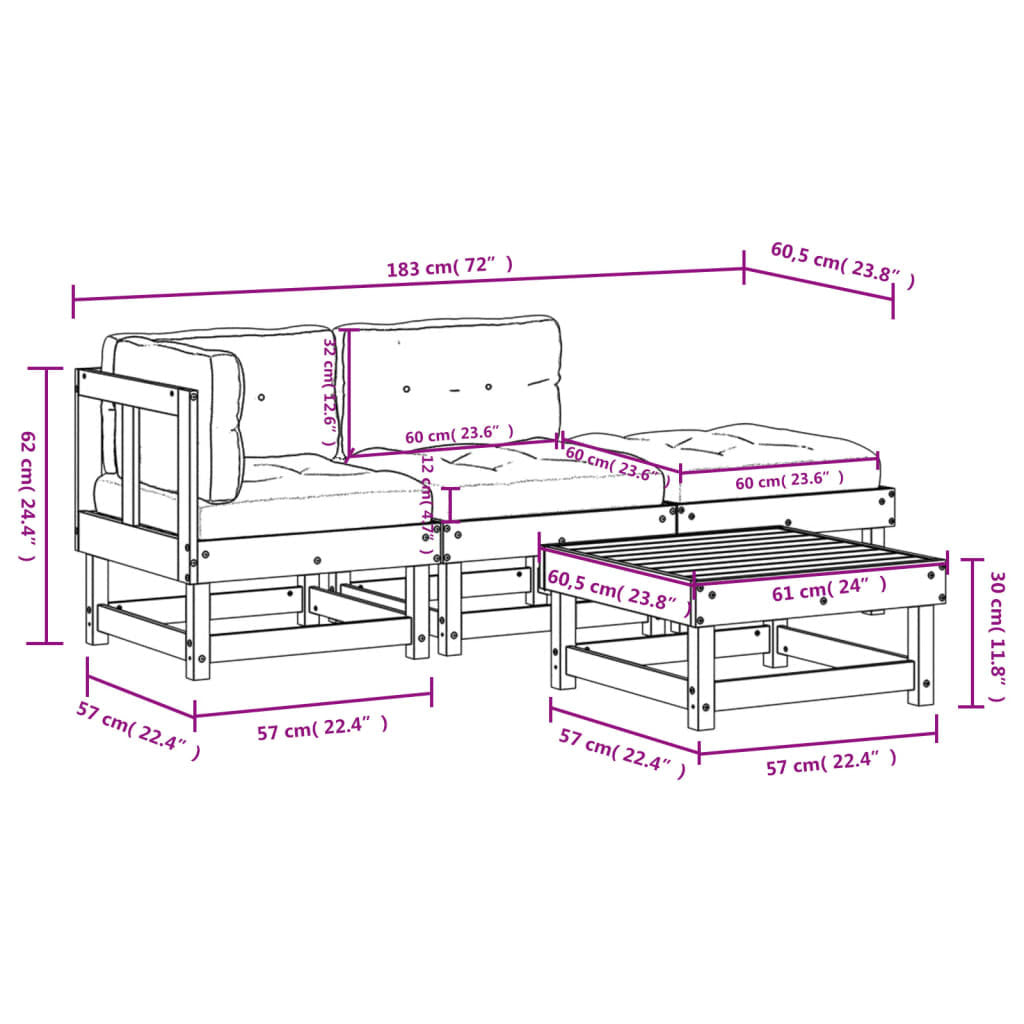 4 Piece Patio Lounge Set with Cushions Solid Wood