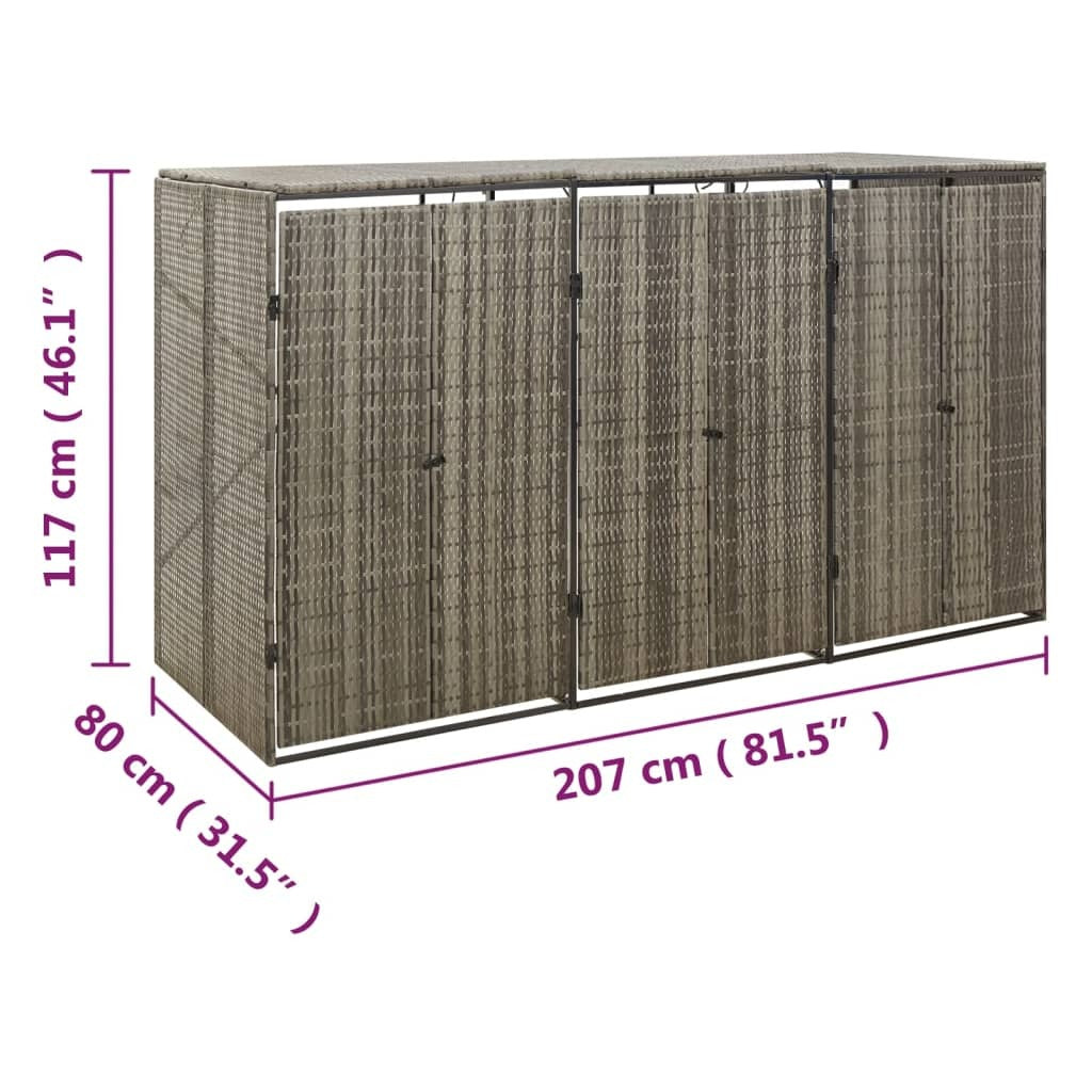 Triple Wheelie Bin Shed Gray 81.5"x31.5"x46.1" Poly Rattan