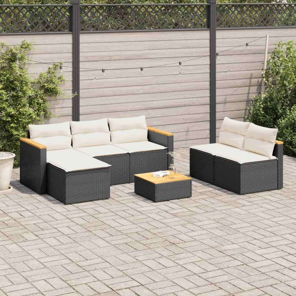 5 Piece Patio Sofa Set with Cushions Black Poly Rattan Acacia