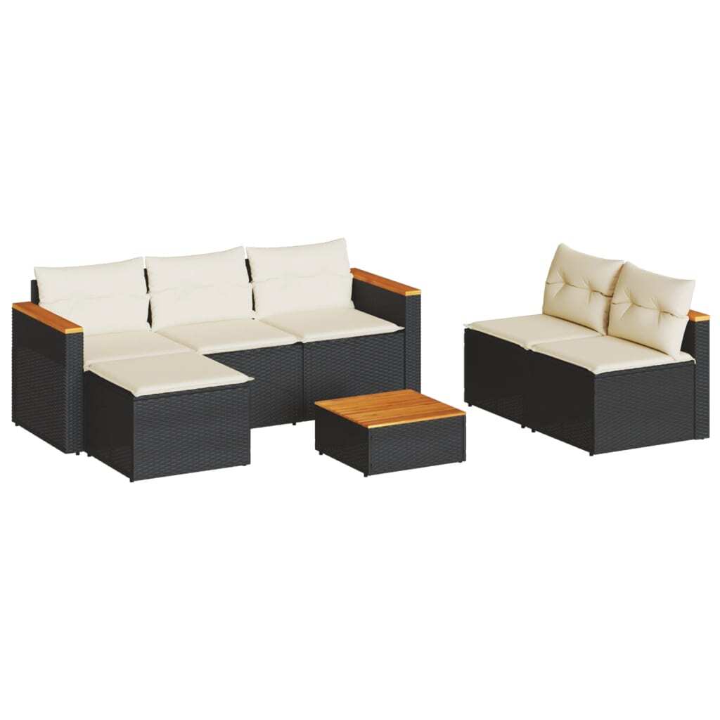 5 Piece Patio Sofa Set with Cushions Black Poly Rattan Acacia