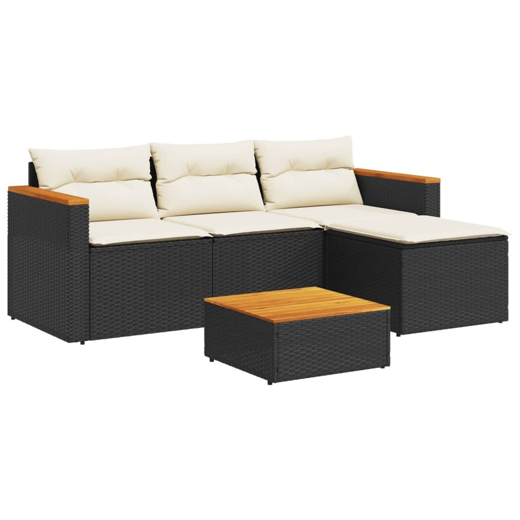 5 Piece Patio Sofa Set with Cushions Black Poly Rattan Acacia