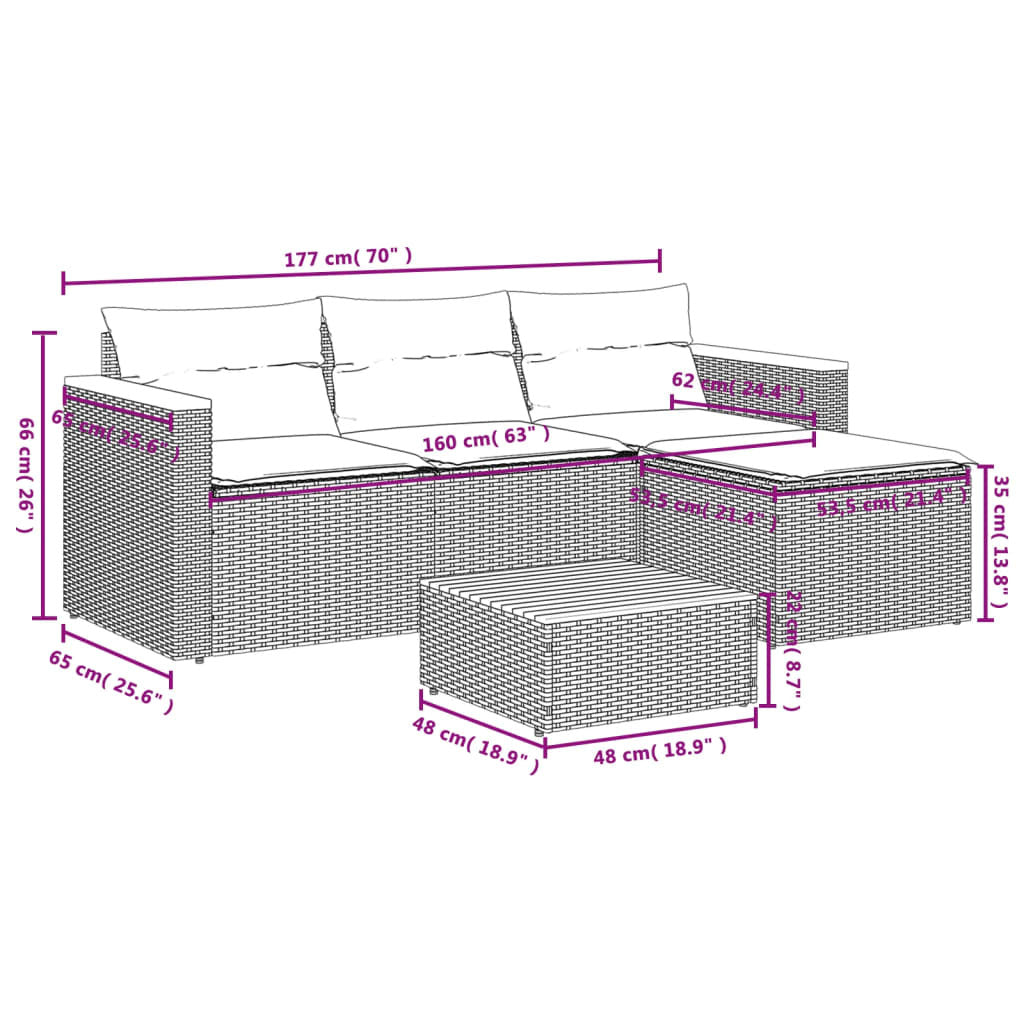 5 Piece Patio Sofa Set with Cushions Black Poly Rattan Acacia