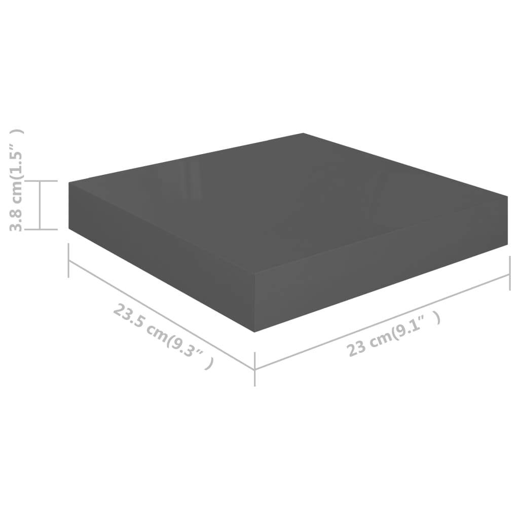 Floating Wall Shelves 2 pcs High Gloss Gray 9.1"x9.3"x1.5" MDF