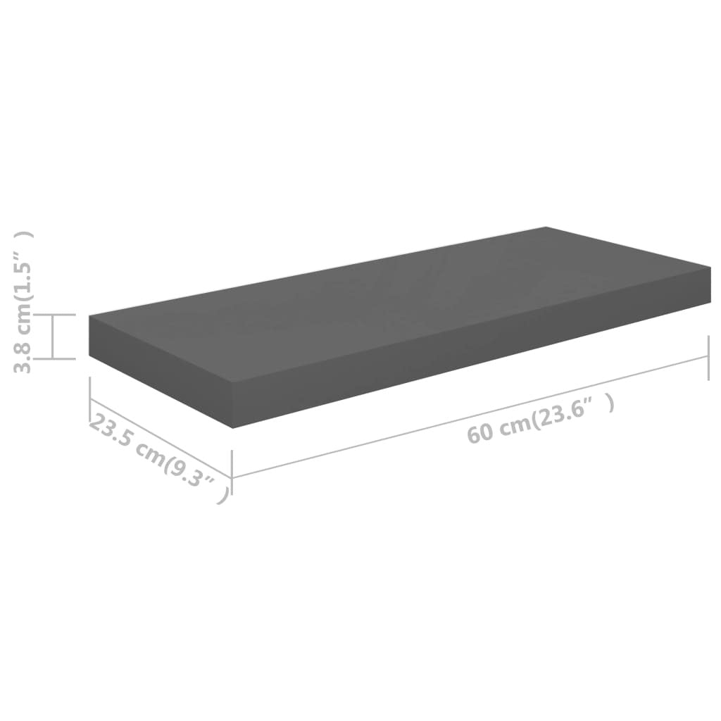 Floating Wall Shelf High Gloss Gray 23.6"x9.3"x1.5" MDF