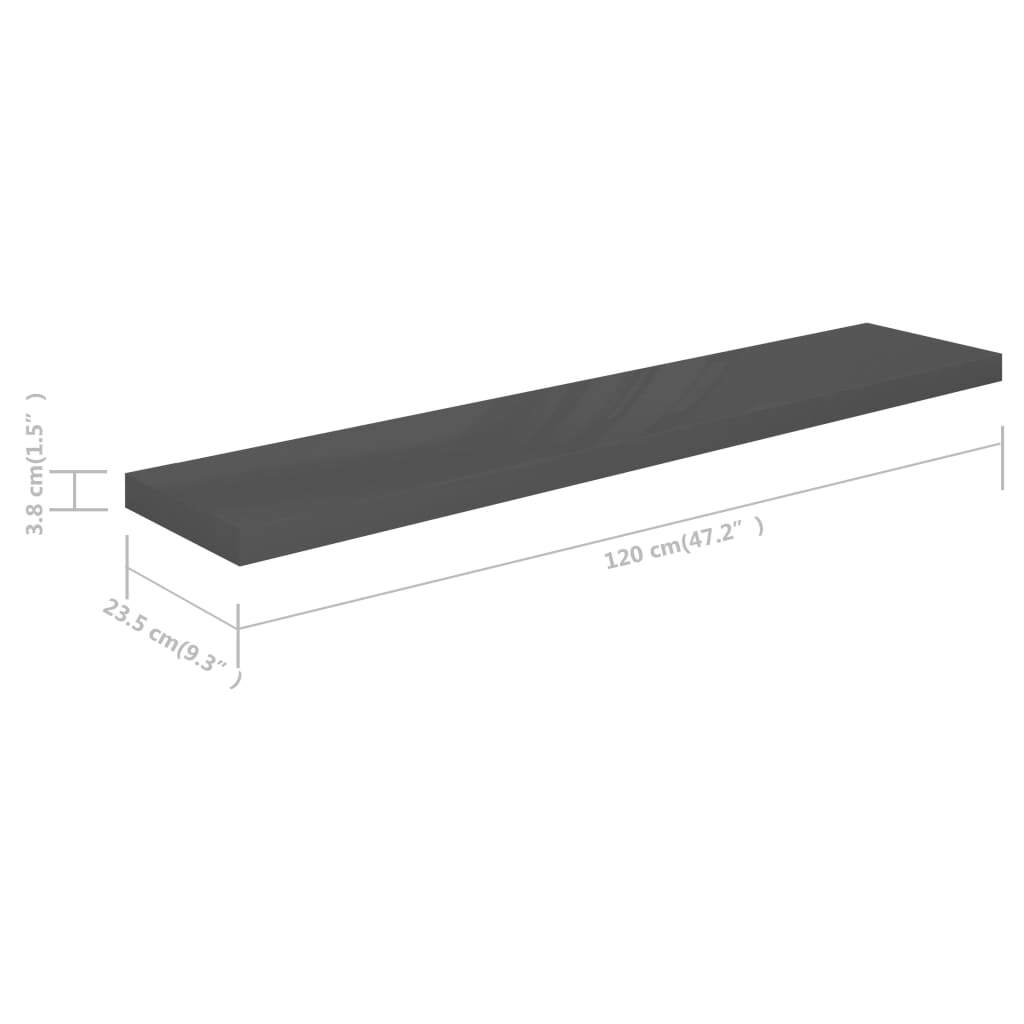 Floating Wall Shelves 2 pcs High Gloss Gray 47.2"x9.3"x1.5" MDF