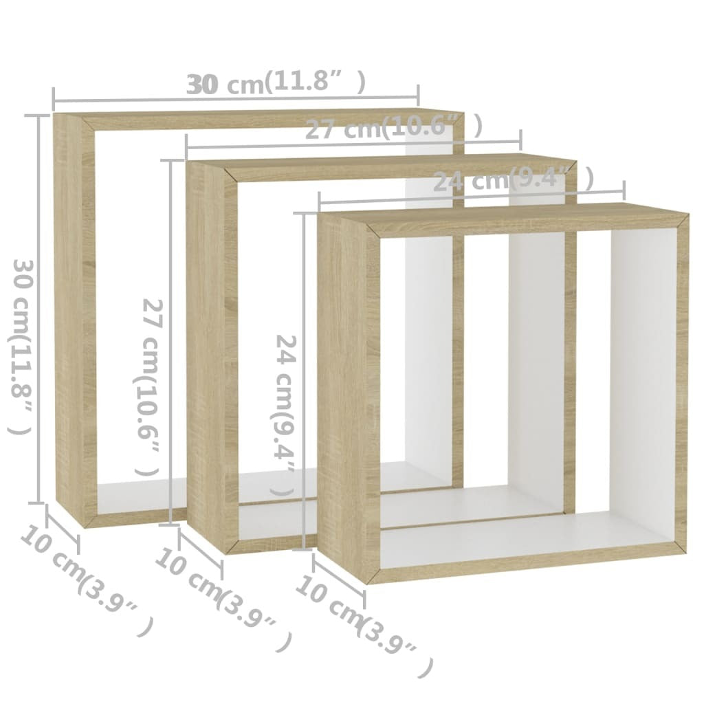 Wall Cube Shelves 3 pcs White and Sonoma Oak