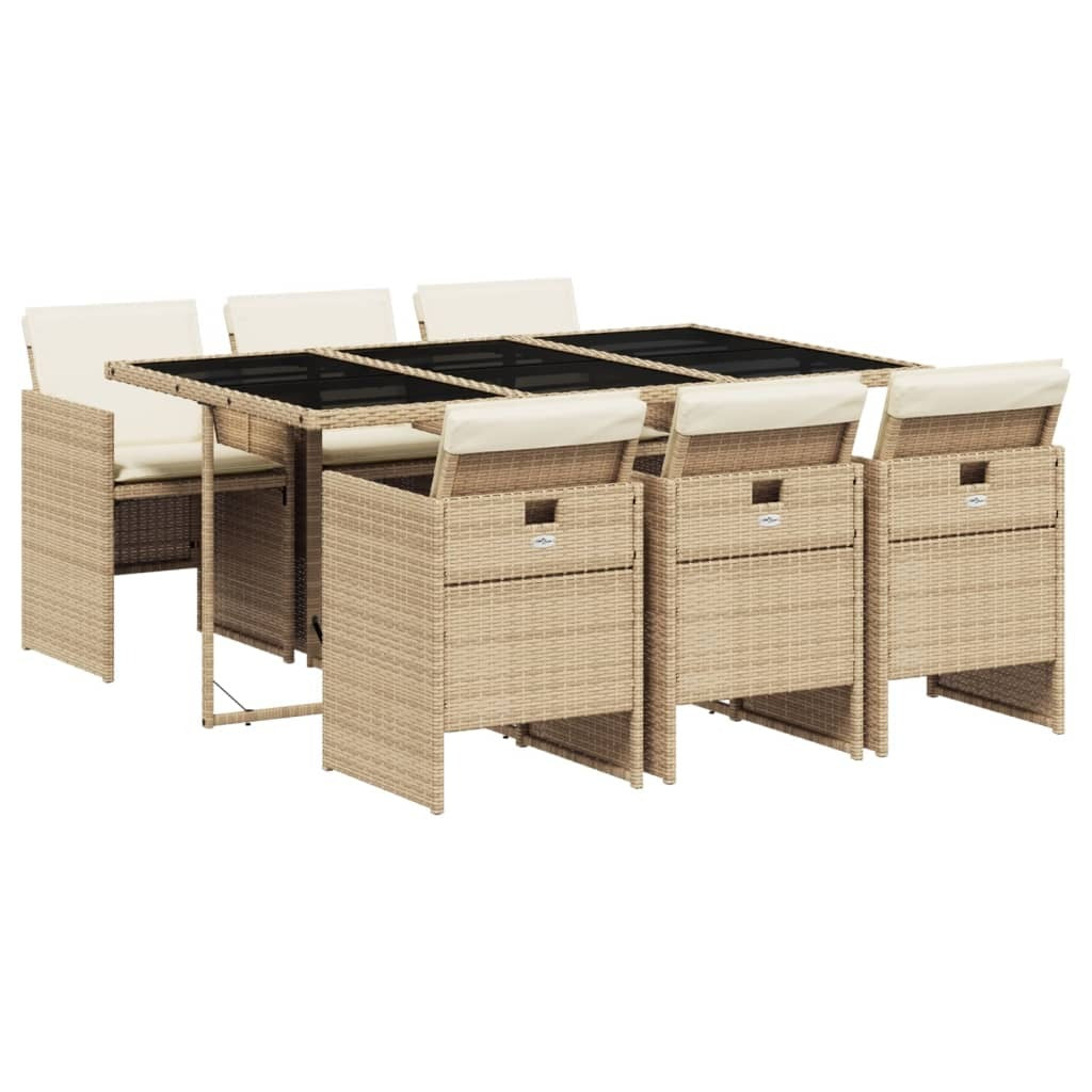 7 Piece Patio Dining Set with Cushions Beige Poly Rattan