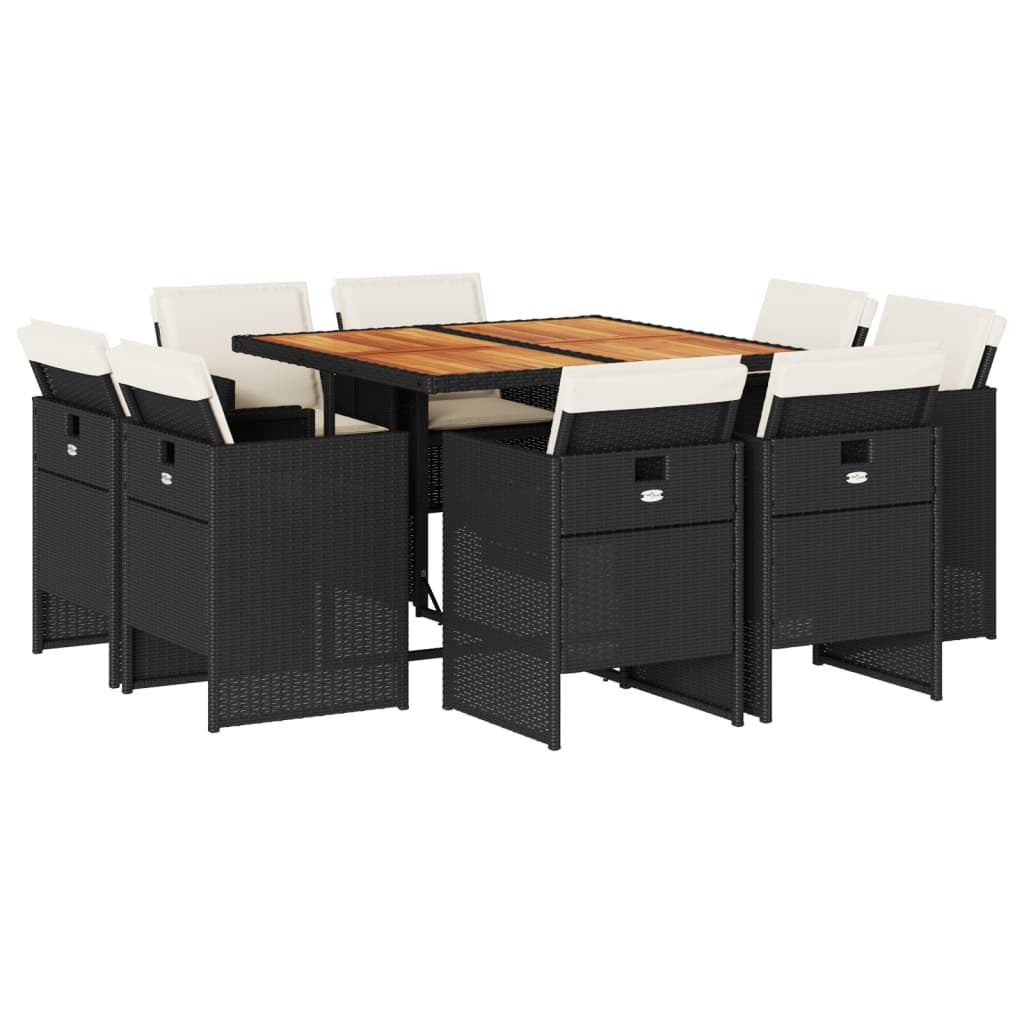 9 Piece Patio Dining Set with Cushions Black Poly Rattan