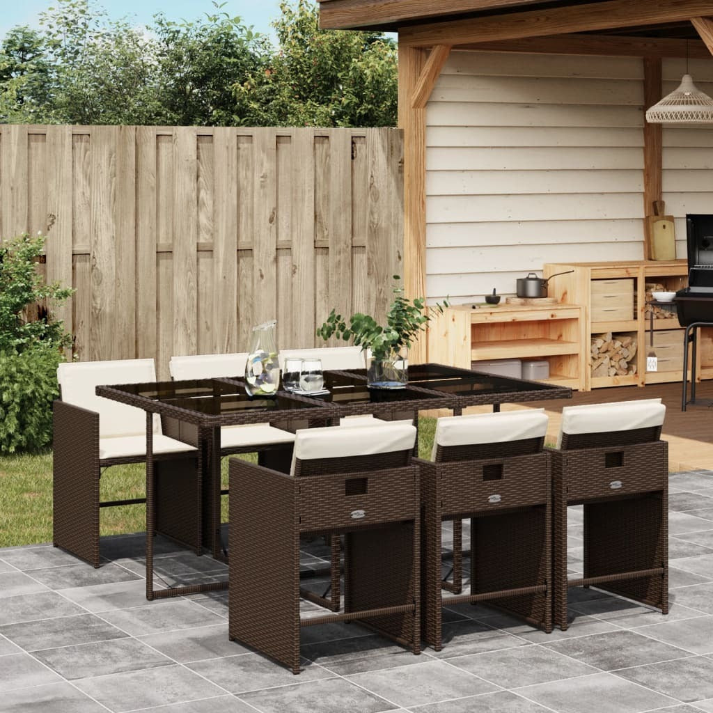 7 Piece Patio Dining Set with Cushions Brown Poly Rattan