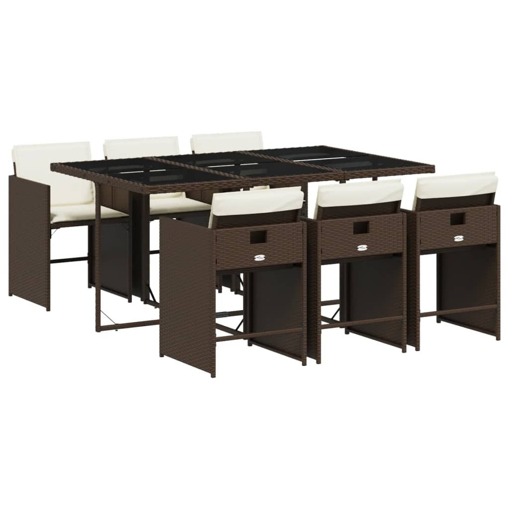 7 Piece Patio Dining Set with Cushions Brown Poly Rattan