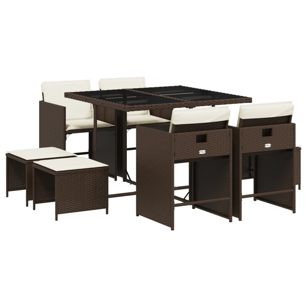 9 Piece Patio Dining Set with Cushions Brown Poly Rattan