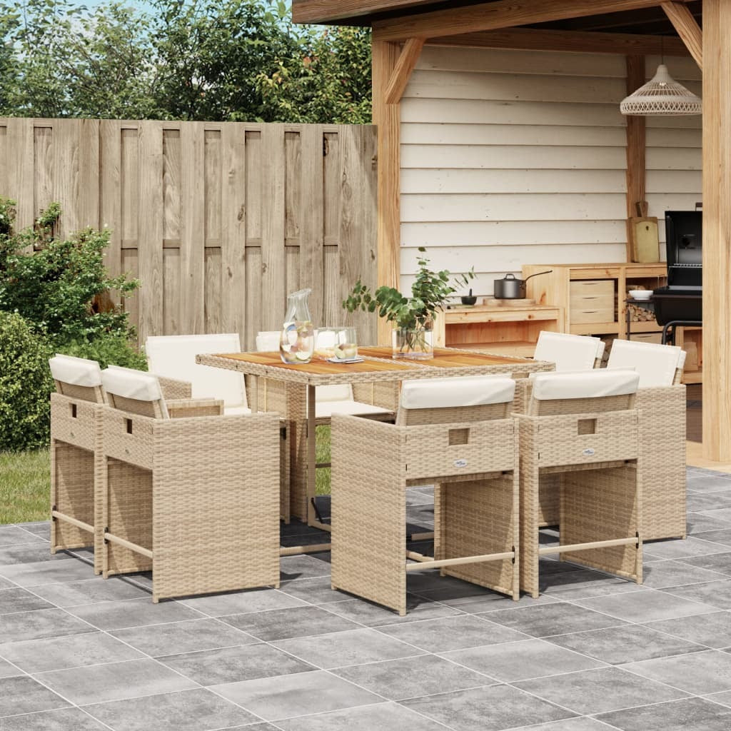 9 Piece Patio Dining Set with Cushions Beige Poly Rattan