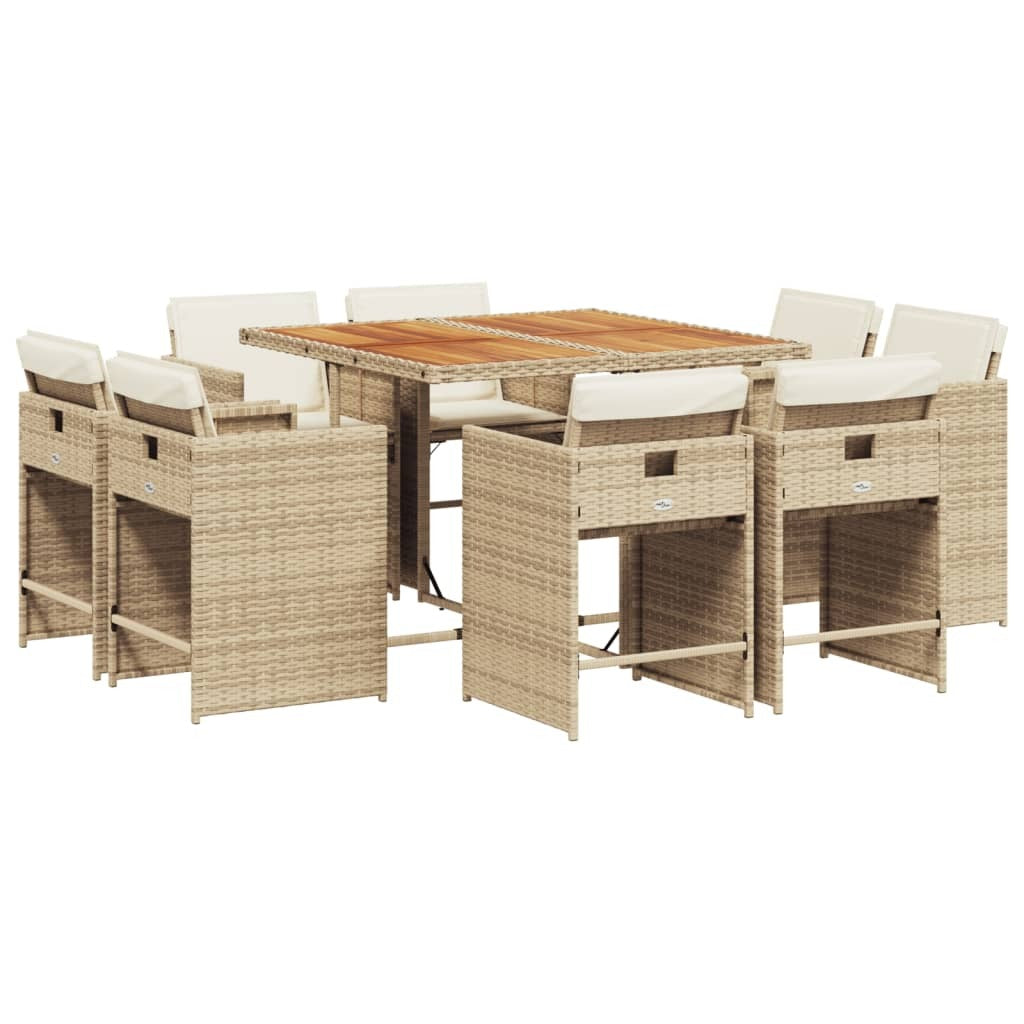 9 Piece Patio Dining Set with Cushions Beige Poly Rattan